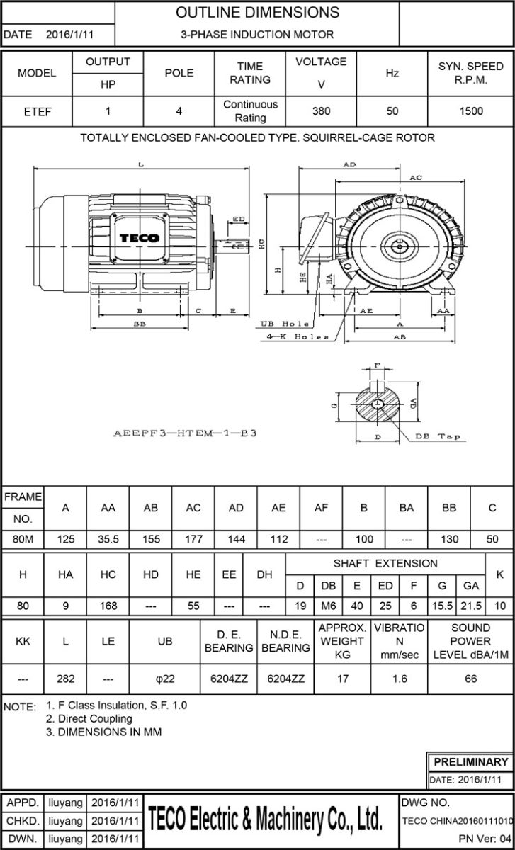 東元1HP 4P 臥式剎車電機(jī)尺寸圖